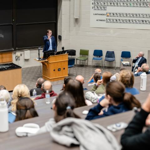 Stephen I. Vladeck speaks at a podium at Lehigh.
