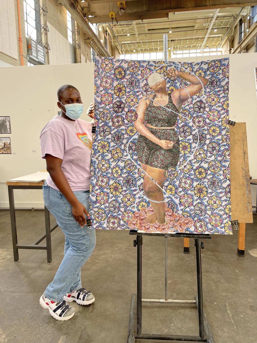 Afiwa Afandalo, African Studies, Gender and Sexuality double major, Studio Arts Minor. Advanced Studio Workshop class exploring mixed media drawing.